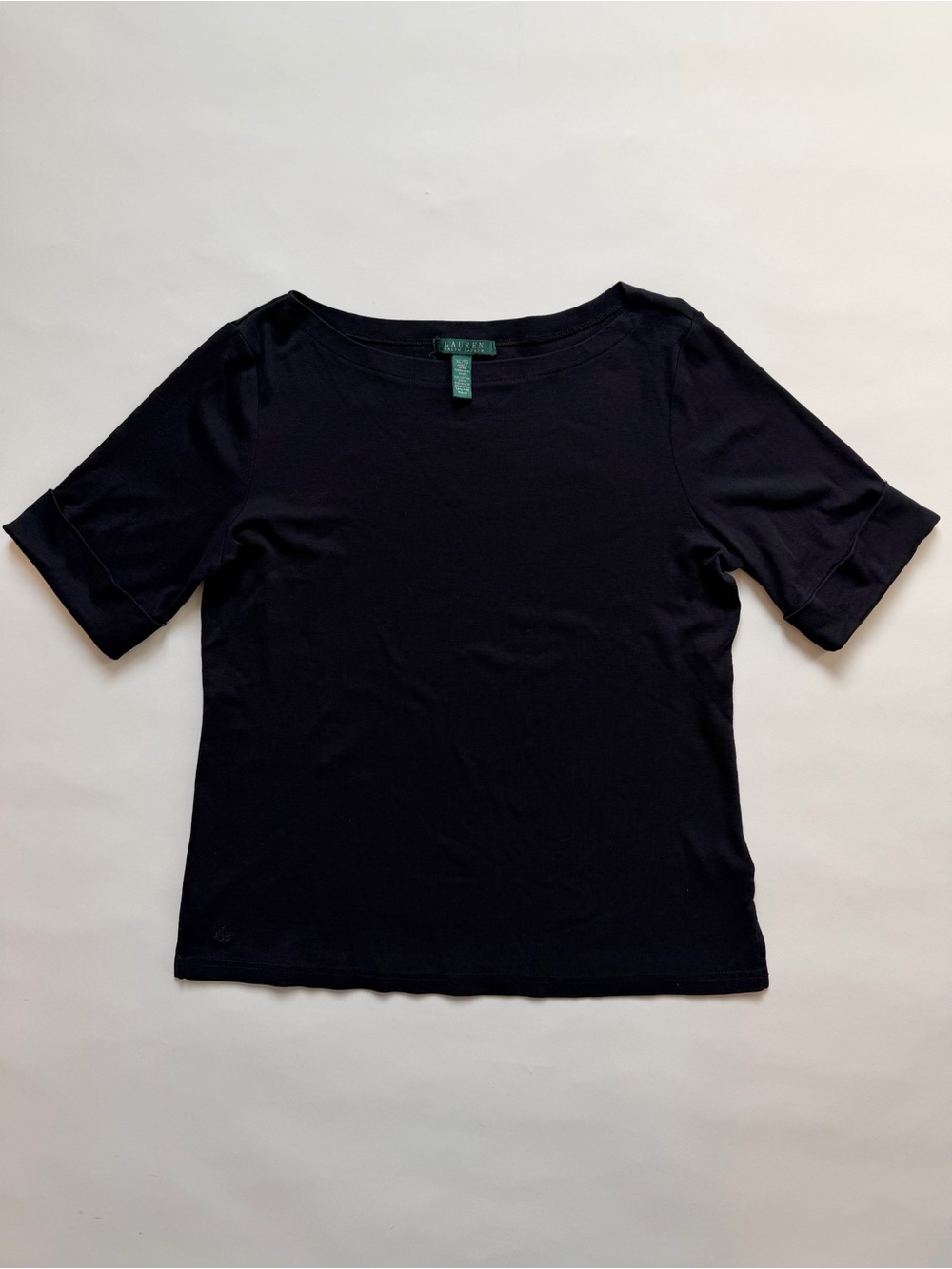 Lauren Ralph Lauren Boatneck Top Womens XL Black Cuffed Elbow Sleeve Preppy Logo